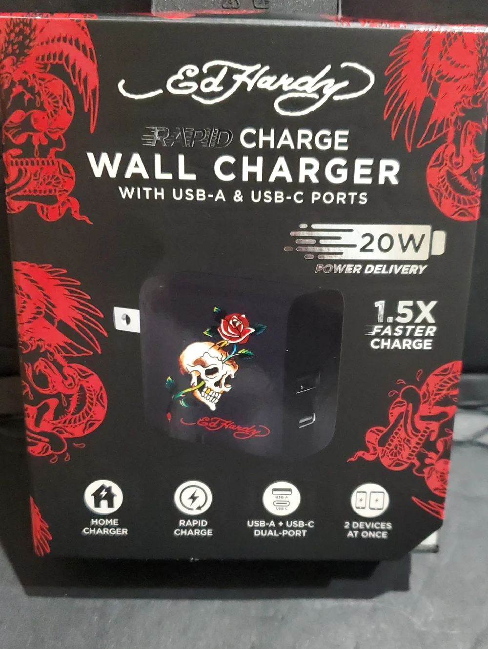 Ed Hardy black iconic ed hardy skull red roses floral print rapid charge charger